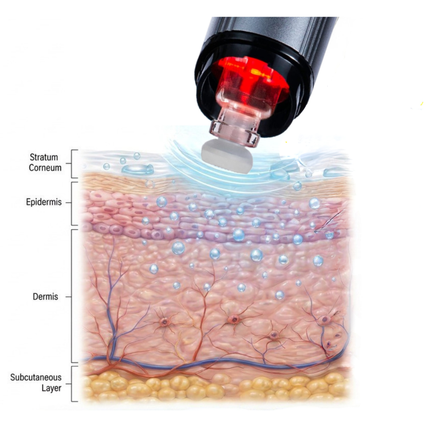 Cross-section diagram of skin showing Juvasonic's sonic vibration and mechanical exfoliation interacting only with the Stratum Corneum at the surface, with no needle penetration into the Epidermis, Dermis, or Subcutaneous Layer