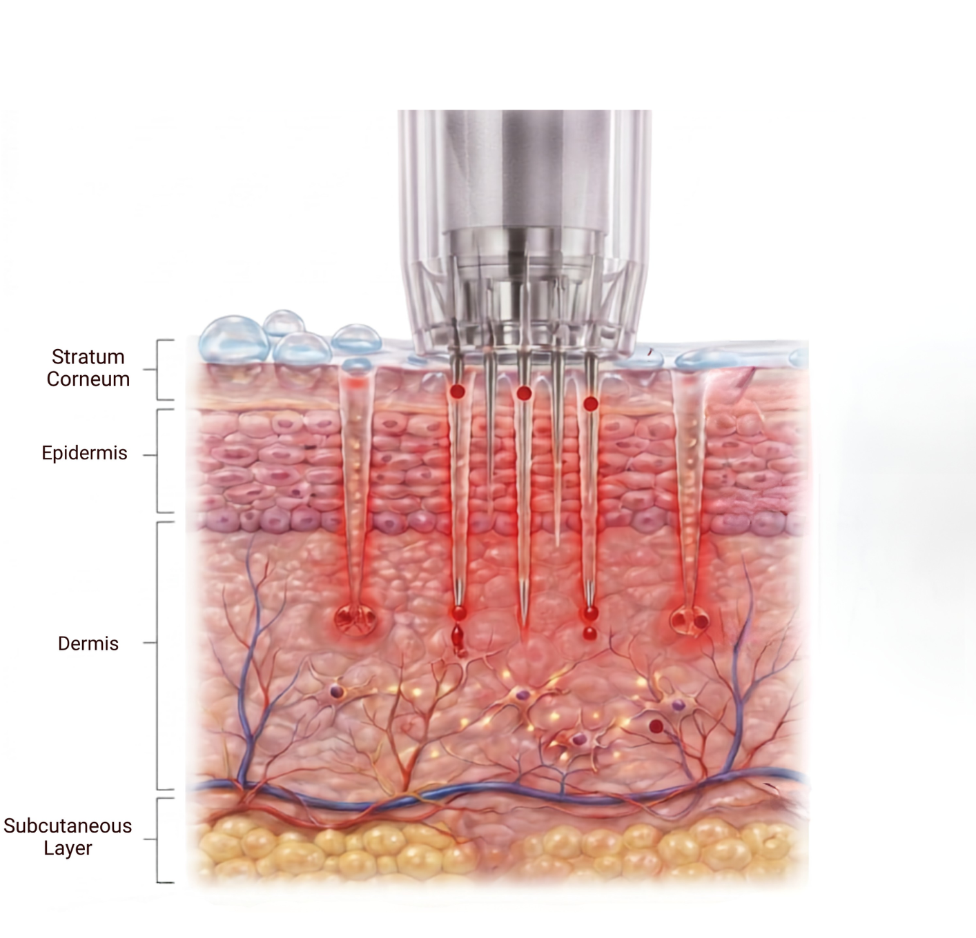 Cross-section diagram of skin showing microneedling needles penetrating through the Stratum Corneum and Epidermis into the Dermis, with bleeding points marked at each needle tip